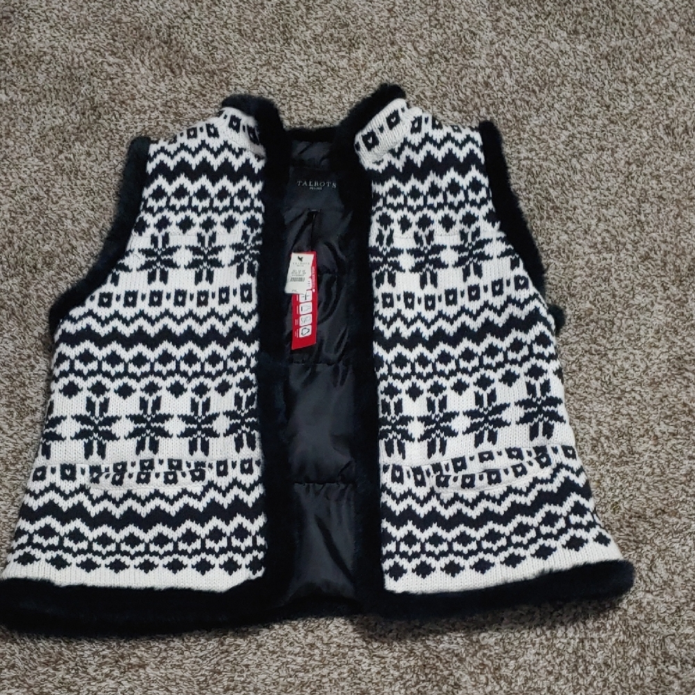 Talbots Fair Isle Vest Black and White Knit Primaloft NWT Women's Size XLP